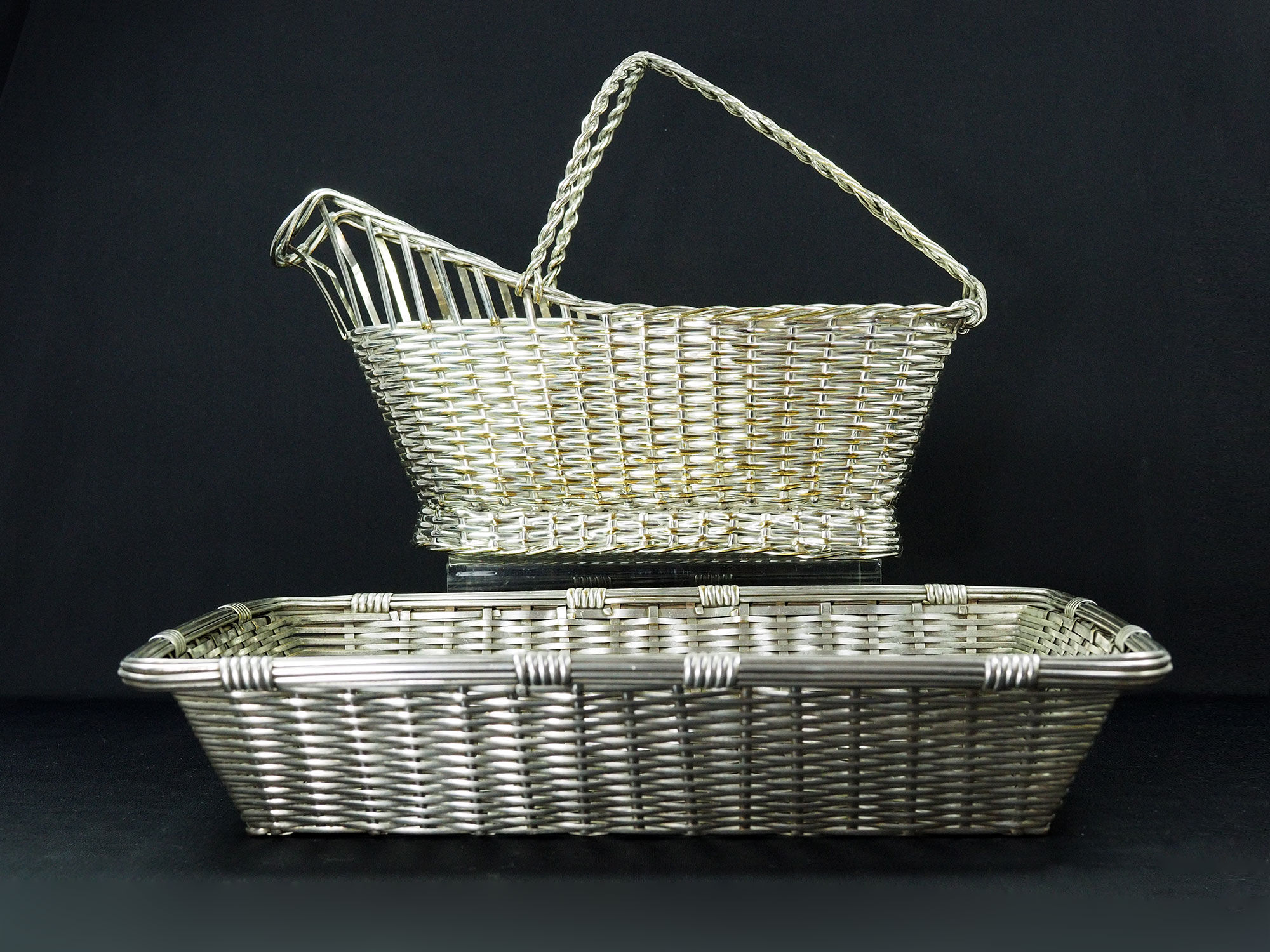 Christofle France Wine Basket Bottle Holder & Bread Basket Vannerie-Mid Century