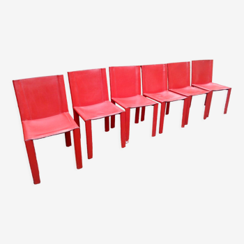 Set of 6 red Coral chairs design Tito Agnoli, édité par Matteo Grassi