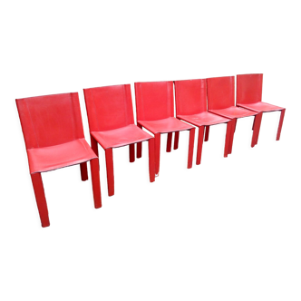 Set of 6 red Coral chairs design Tito Agnoli, édité par Matteo Grassi