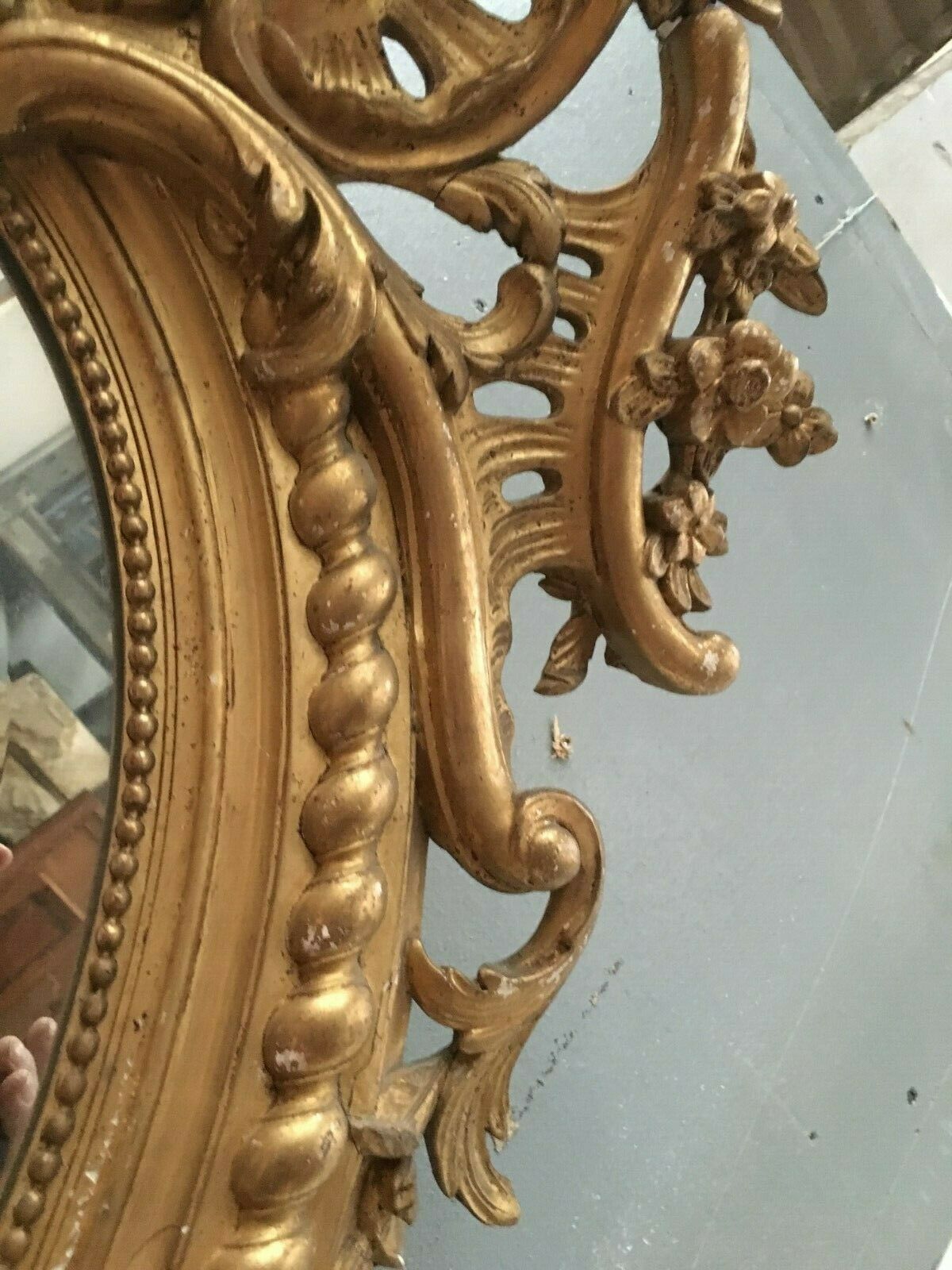 Oval mirror with wooden pediment and gilded stucco oval ice beveled Napoleon III - 80x120cm