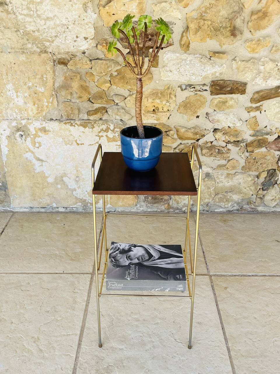 Vintage side table, 2 wooden and brass shelves, circa 1960s