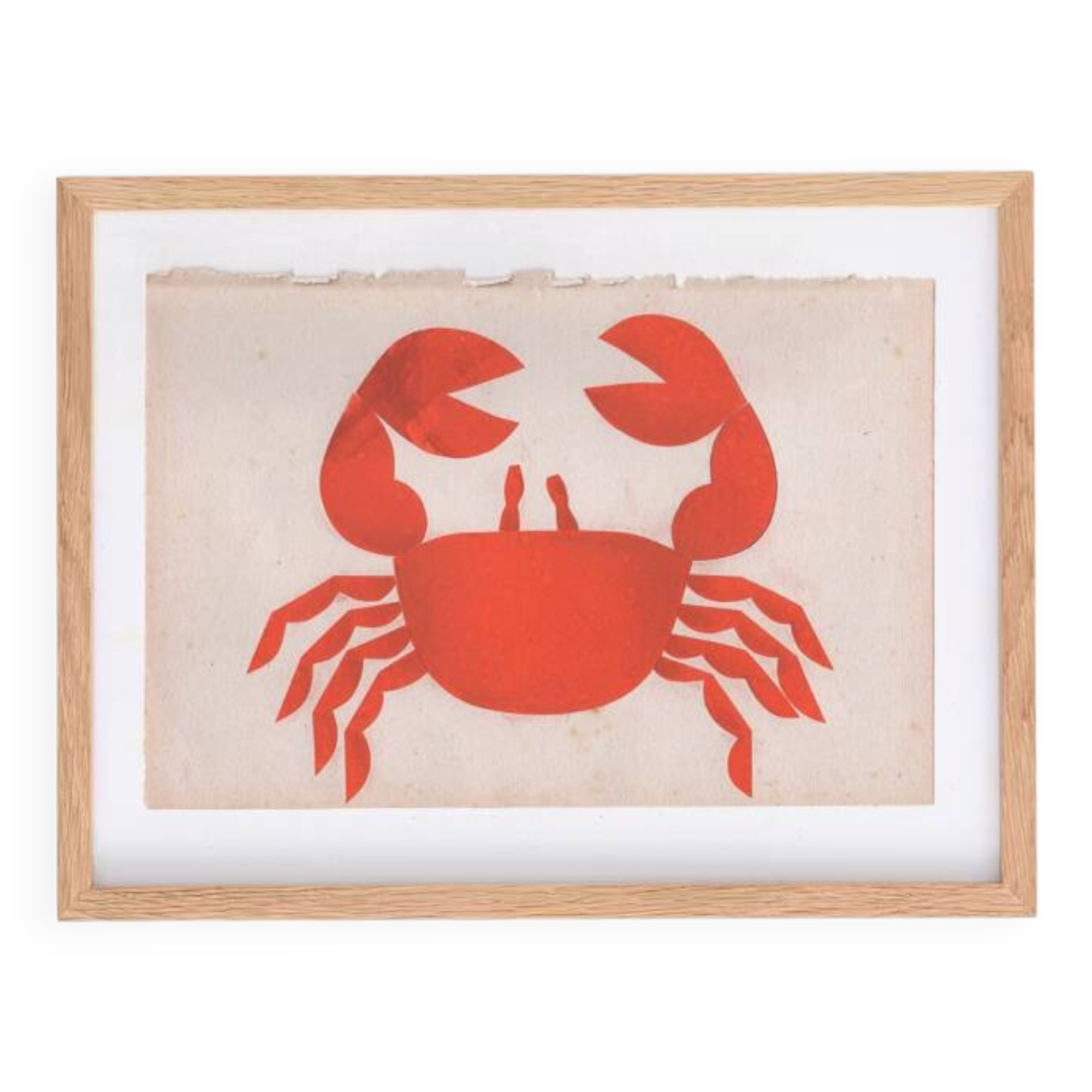 Collage on old paper, illustration of a red crab signed Eawy