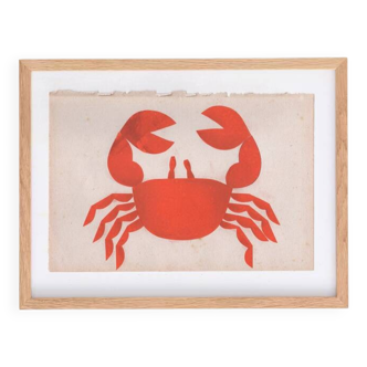 Collage on old paper, illustration of a red crab signed Eawy