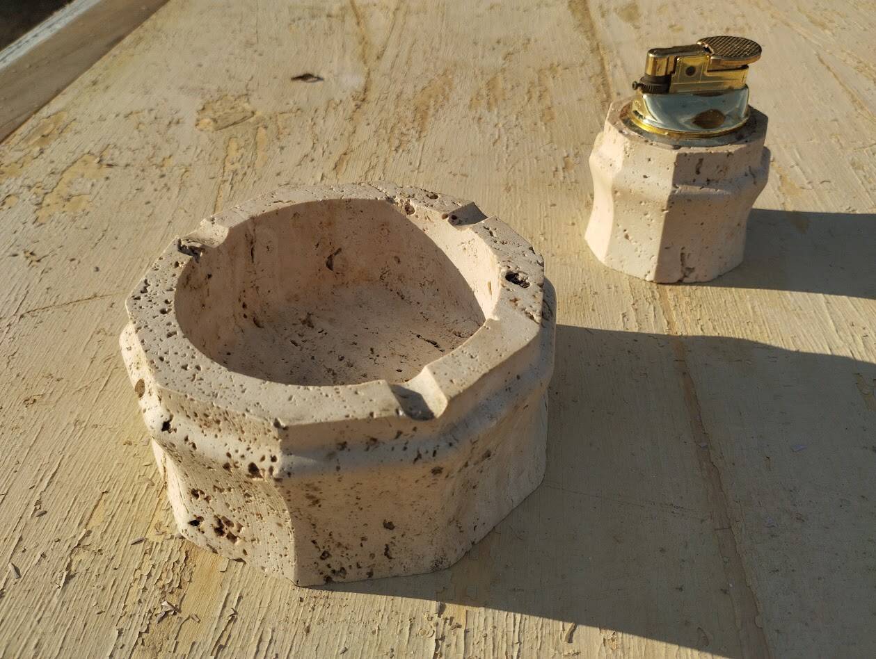 Vintage Ashtray & Lighter Duo in Travertine – Italy, 1970