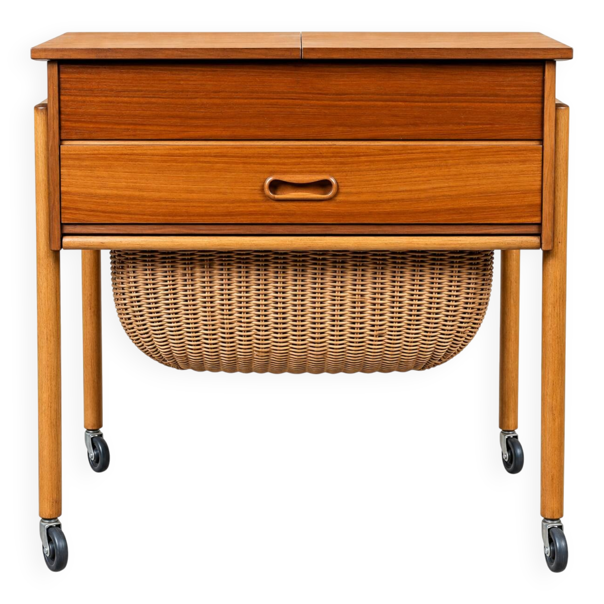 1960s 1970s Teak Sewing Box Sewing Table Utensil Holder with Basket