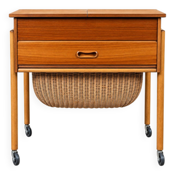 1960s 1970s Teak Sewing Box Sewing Table Utensil Holder with Basket