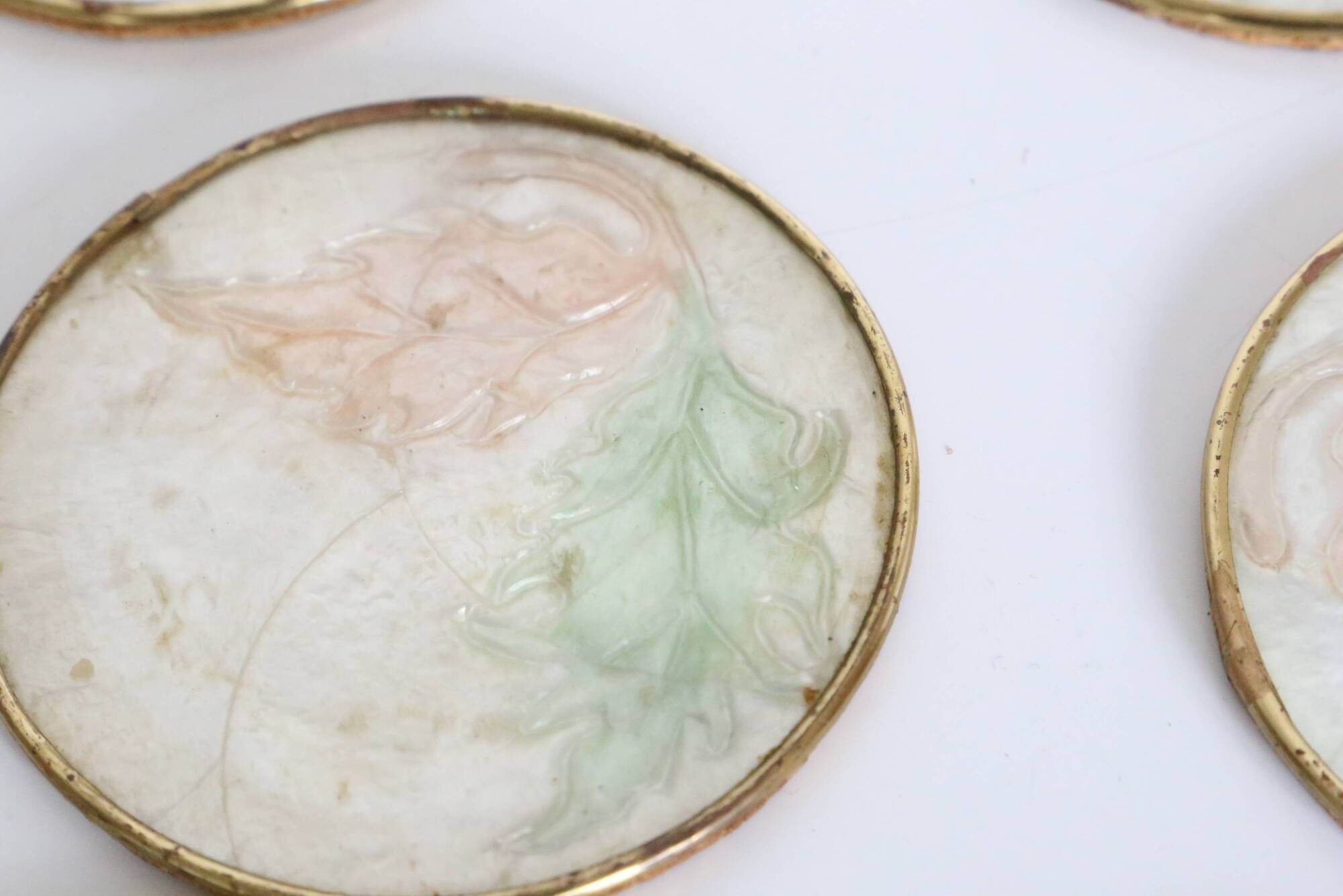 Set of 6 coasters in mother-of-pearl, brass and cork, vintage