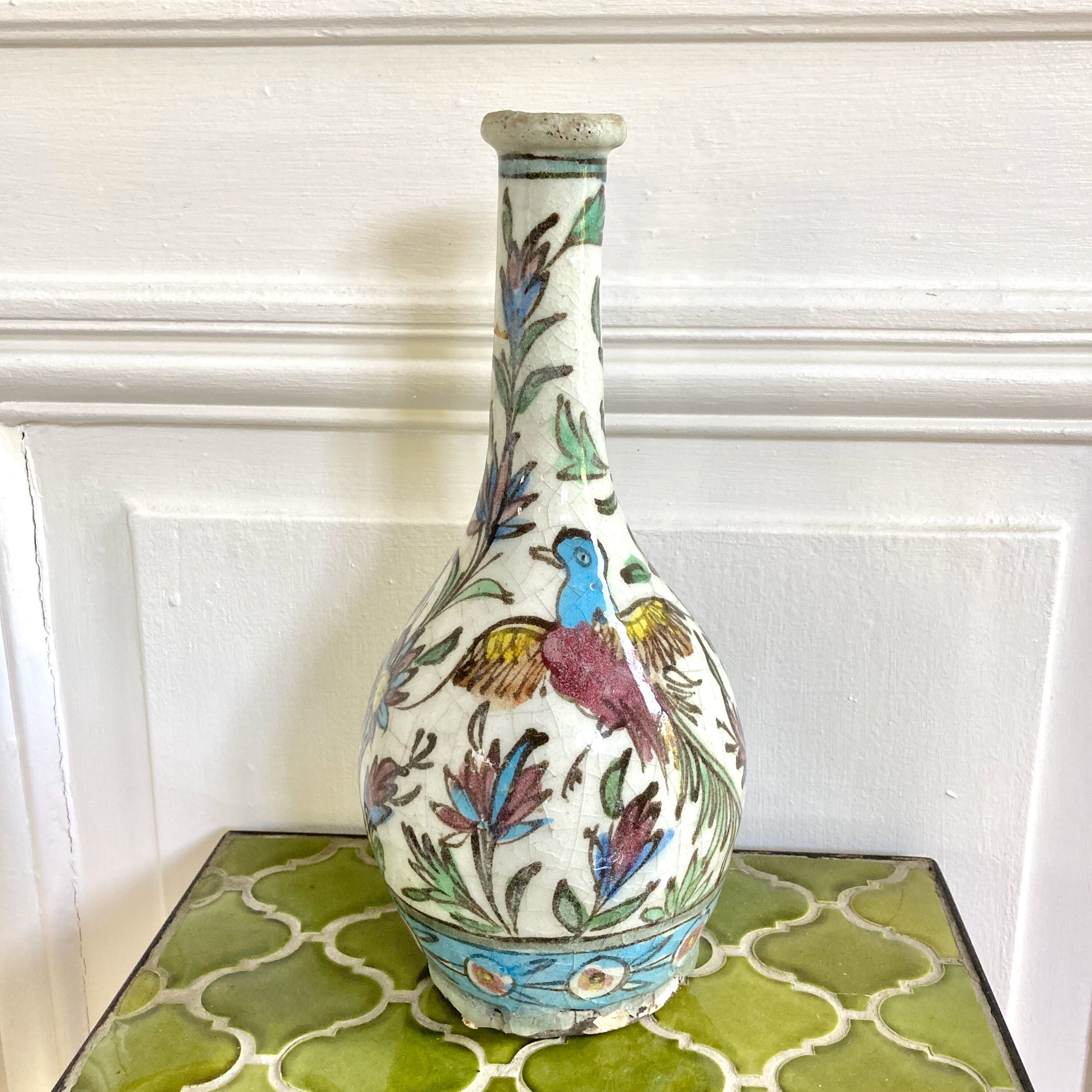 Vase céramique craquelée décor oiseaux