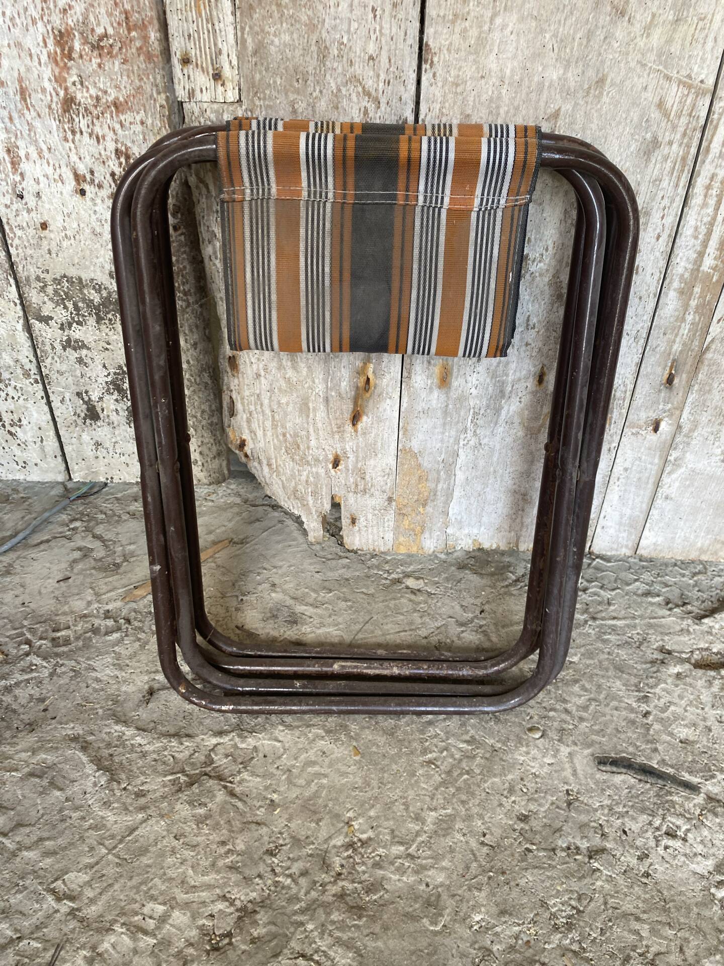 Pair of Folding Camping Fishing Stools Metal Tube + Vintage Fabric #E31
