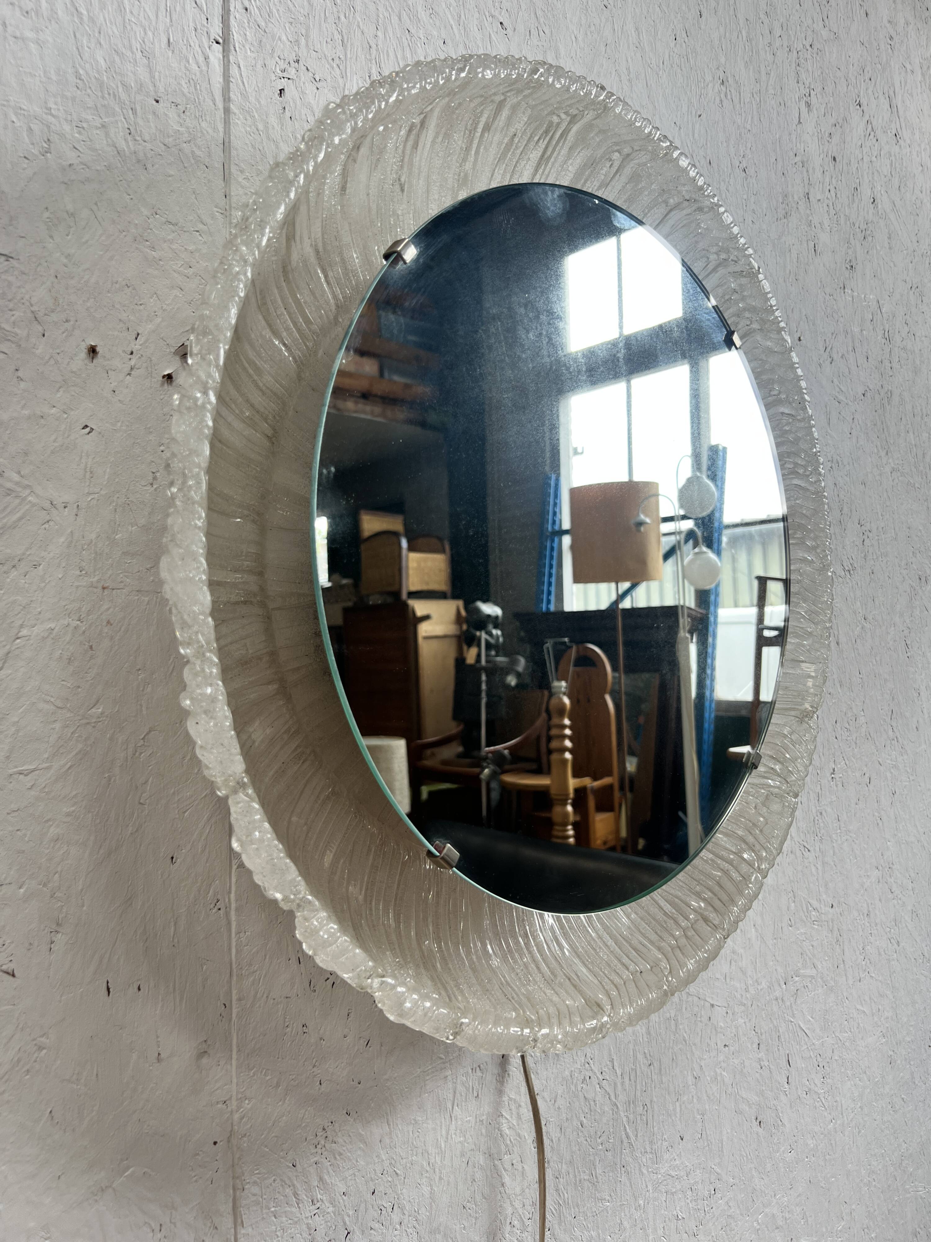 Vintage Round Hillebrand Iceglass Mirror with Lighting