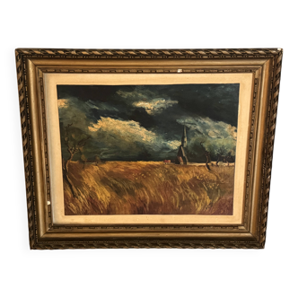 Countryside Landscape Church and Wheat Fields - Work Signed Livio (1955)
