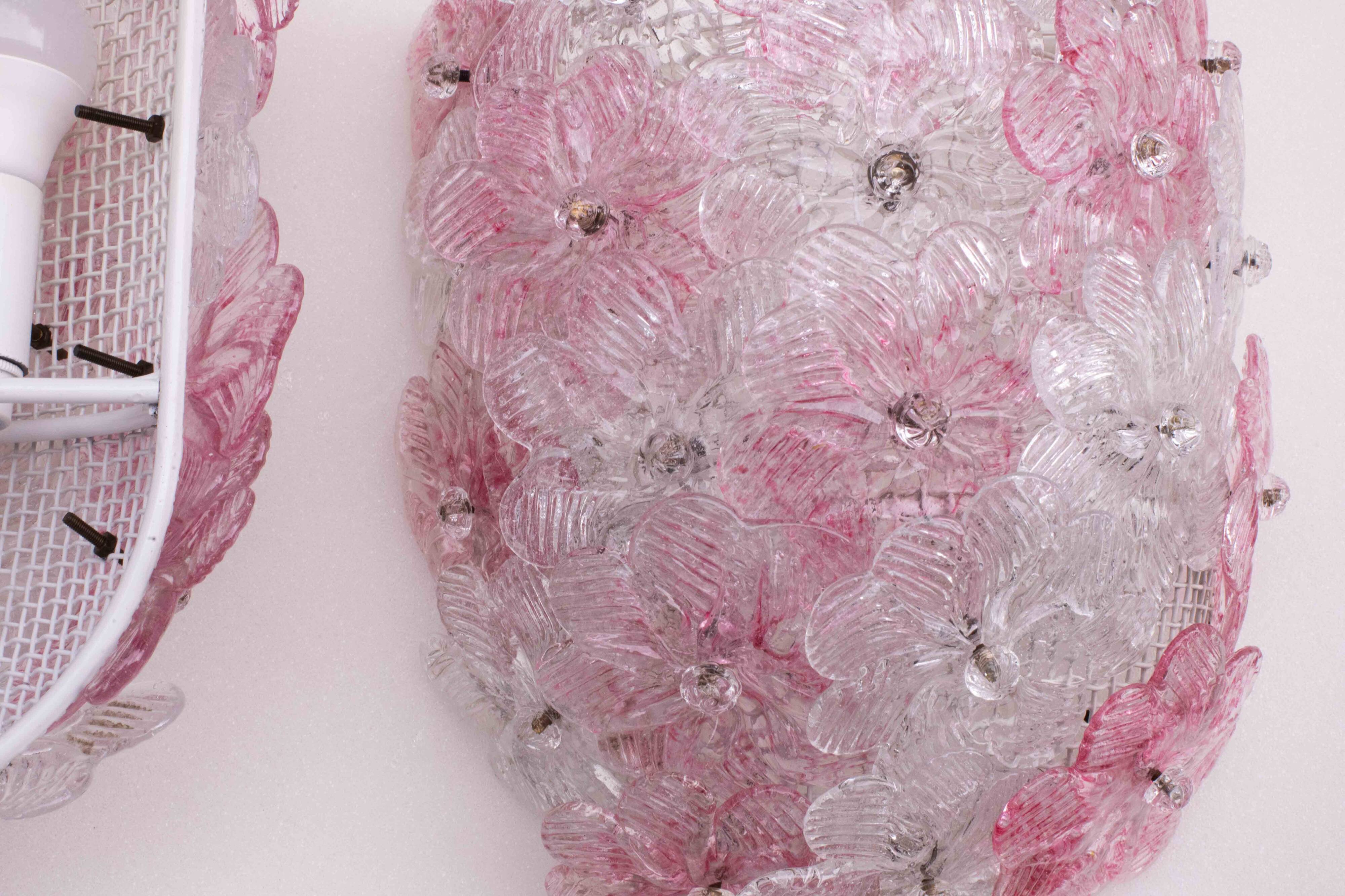 Set of Murano Ceiling Light and 2 Murano Wall Light Pink Flower by Seguso