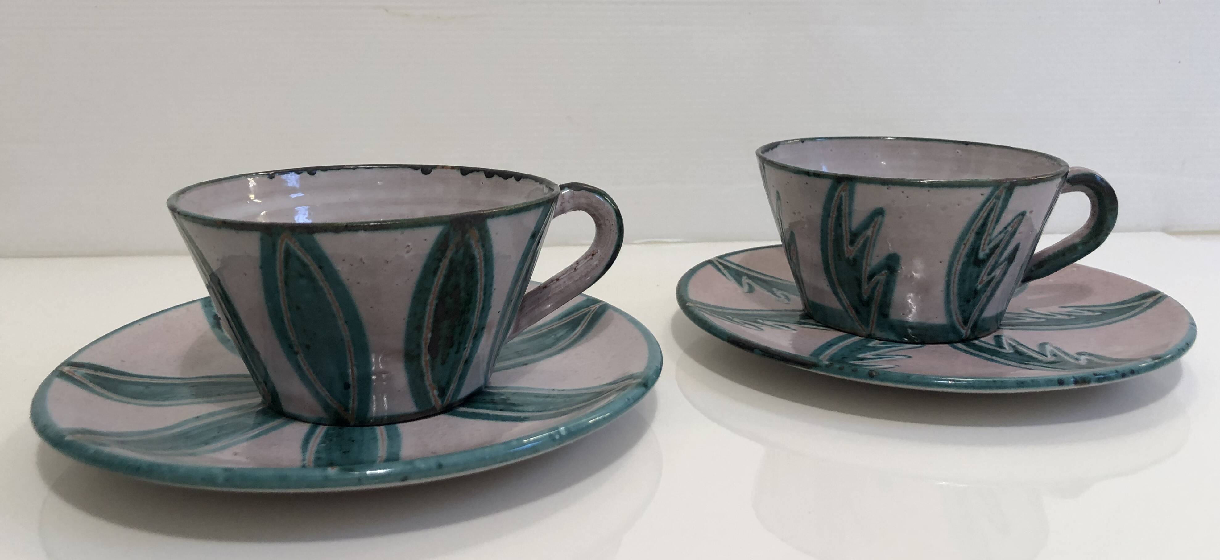 Two coffee or tea cups with their saucer Charles Voltz Vallauris 50s