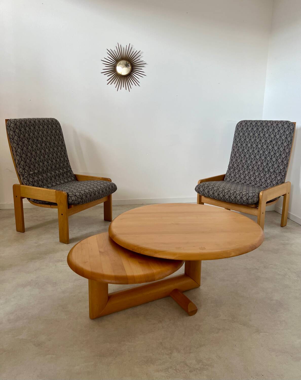 Table basse en bois à 2 plateaux ajustables, Roche Bobois années 80