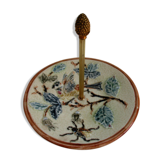Presentation plate, barbotine and gilded brass