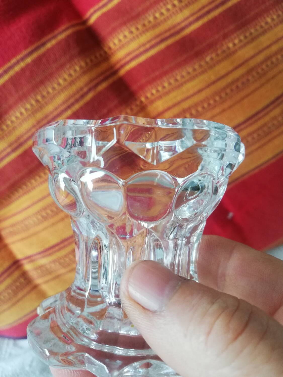 Set of two vintage glass candlesticks, transparent, France, Reims.