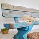 Outdoor bench in patinated blue solid wood