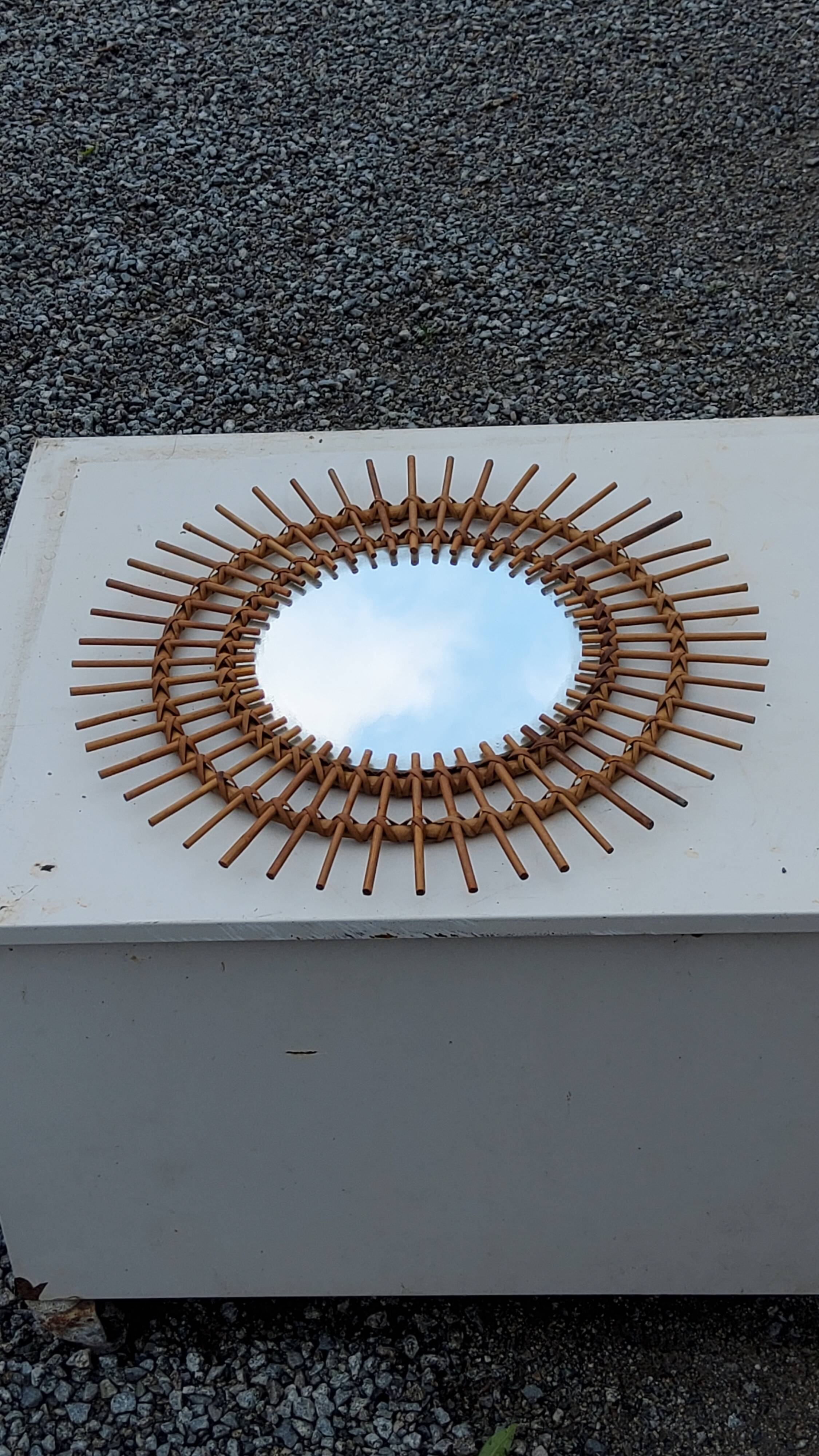 Sun mirror of the 50s in rattan