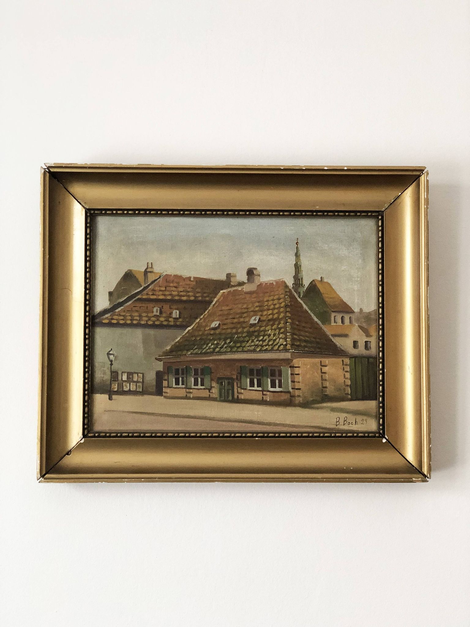 Large Original Vintage Countryside Cottage Oil Painting, circa 1923