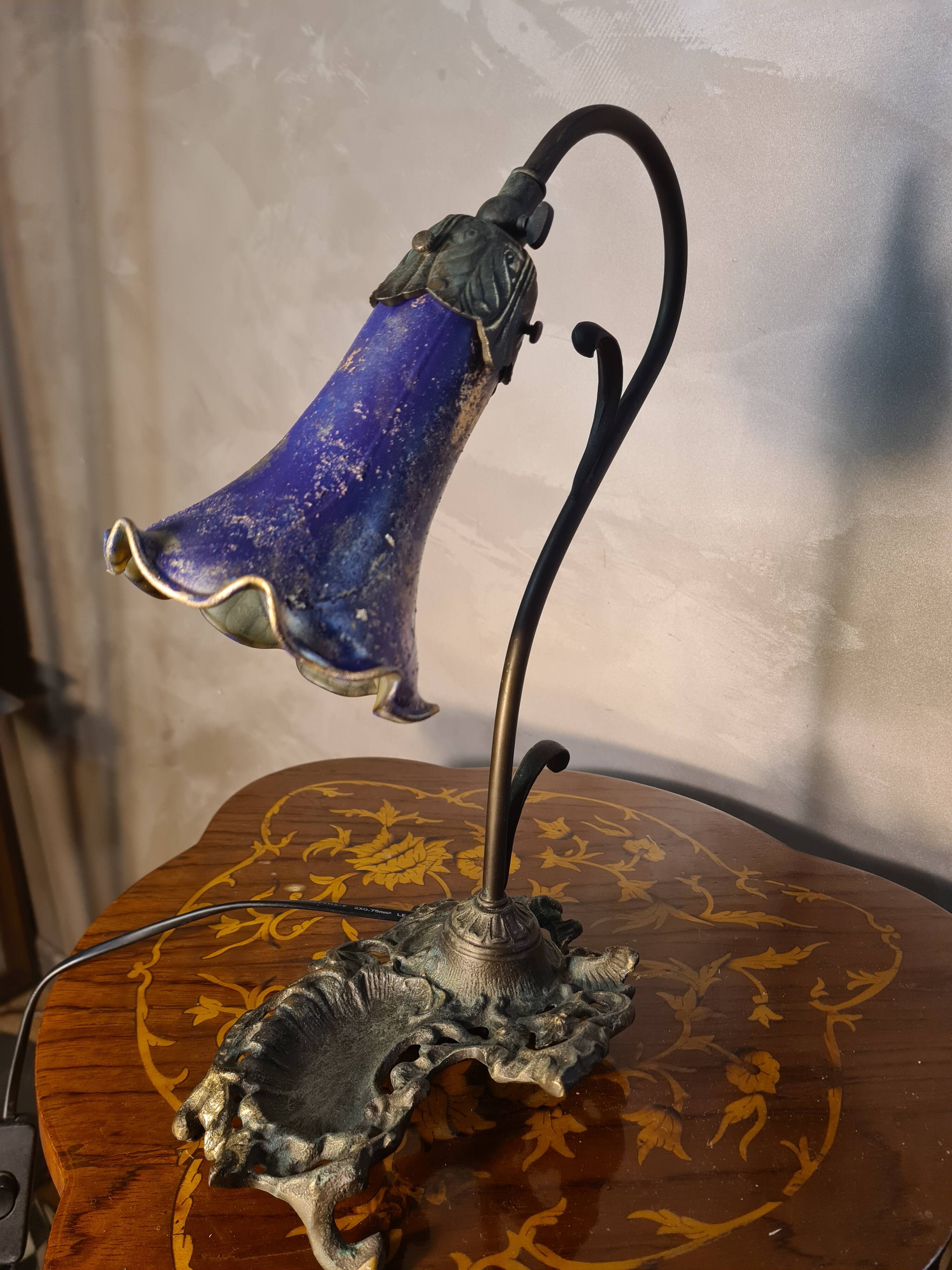 bronze patinated cast iron lamp with painted shade 38x24 art nouveau style