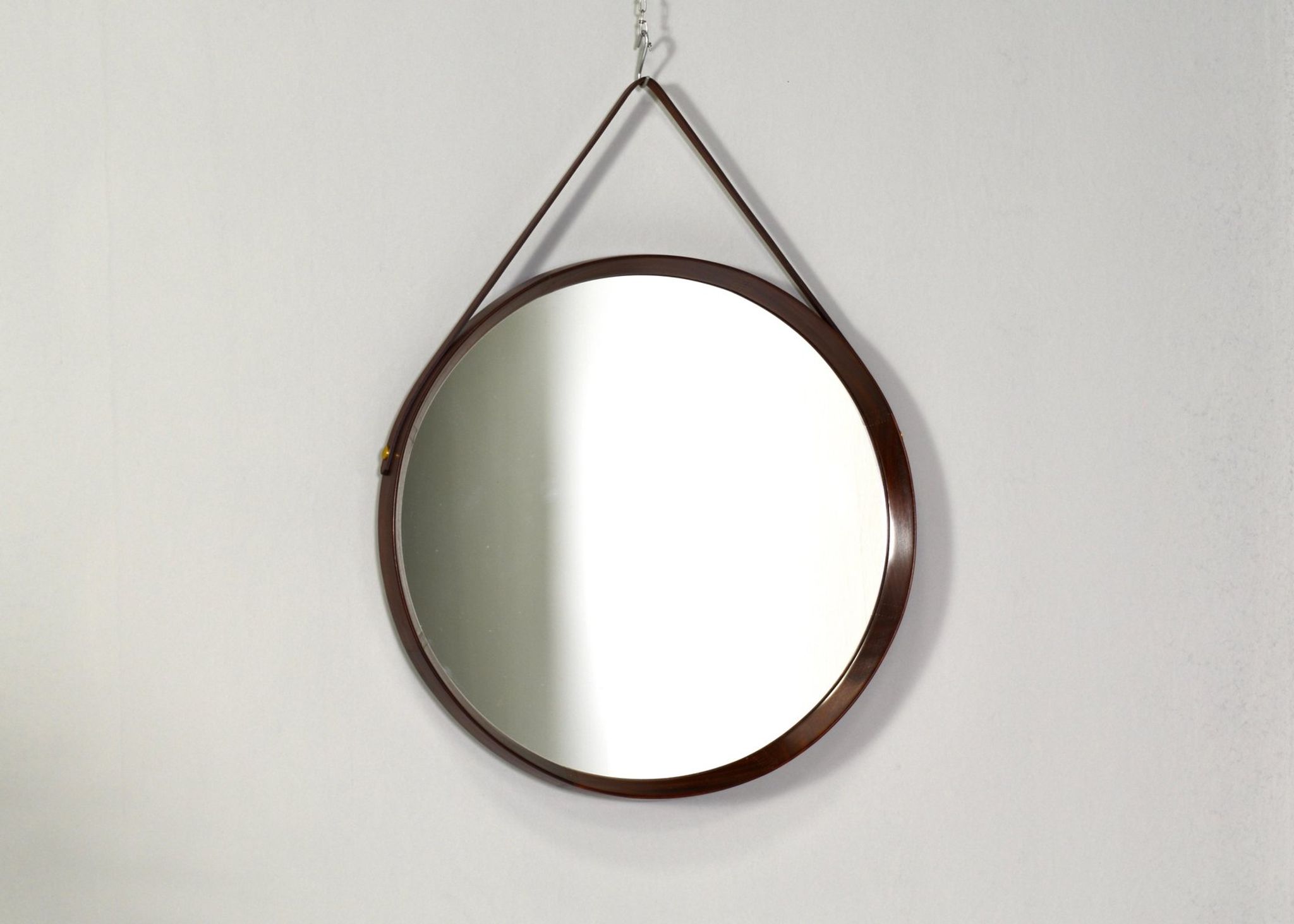 Italian round wall mirror in solid teak leather and brass 1950 68x53cm