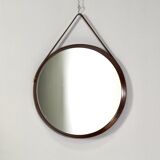 Miroir mural rond italien en teck massif cuir et laiton 1950 68x53cm
