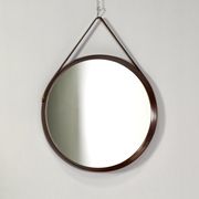 Italian round wall mirror in solid teak leather and brass 1950 68x53cm