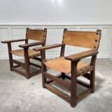Pair of leather and walnut armchairs from the 1950s