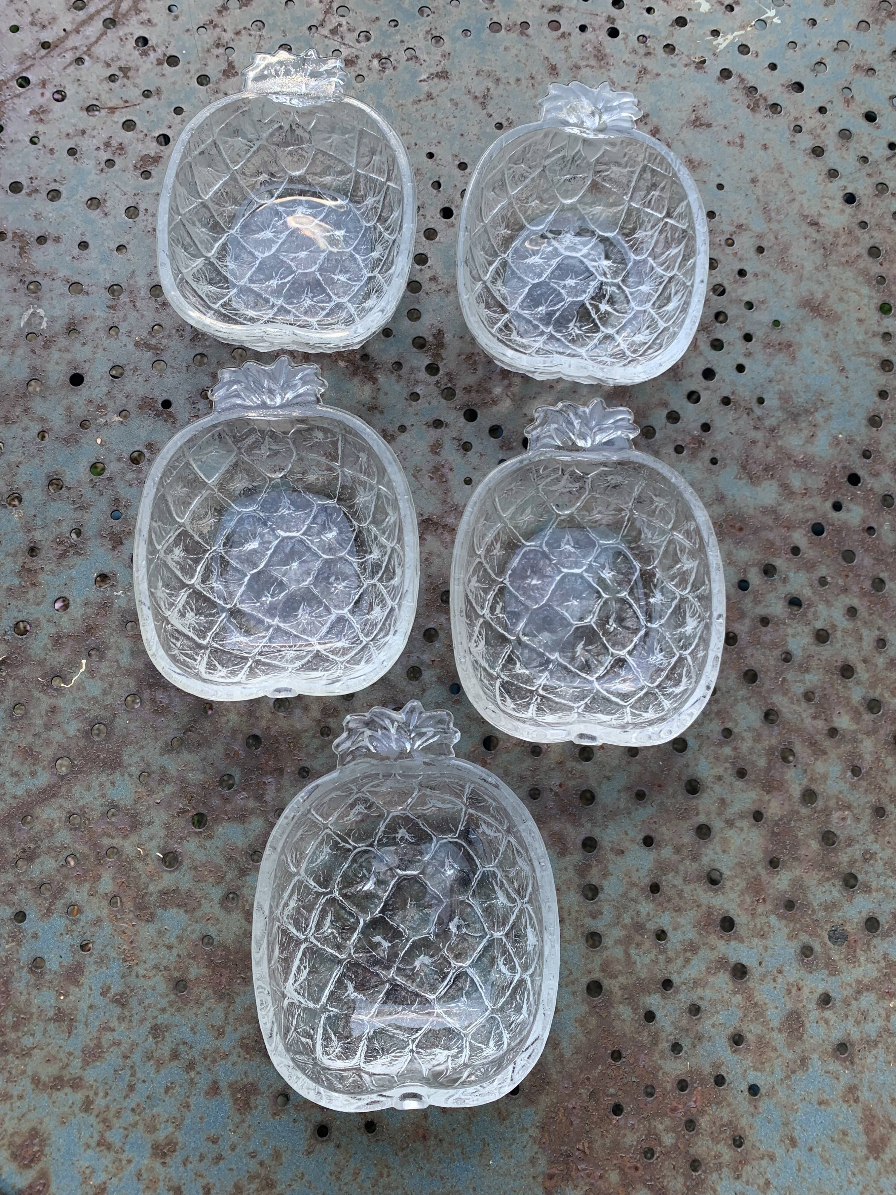 5 vintage transparent molded glass pineapple cups