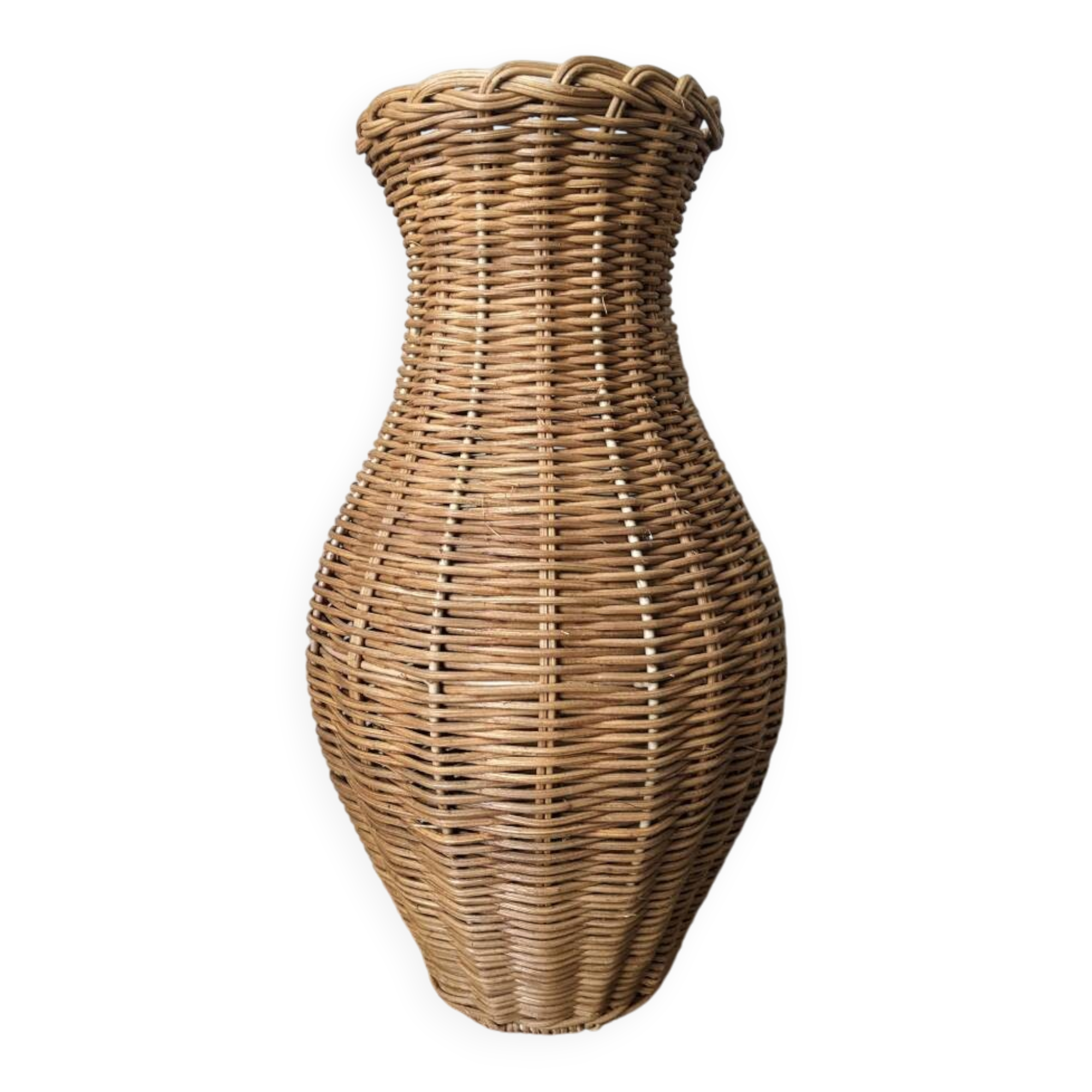 Second-hand woven wicker vase, handmade in the Bohemian countryside