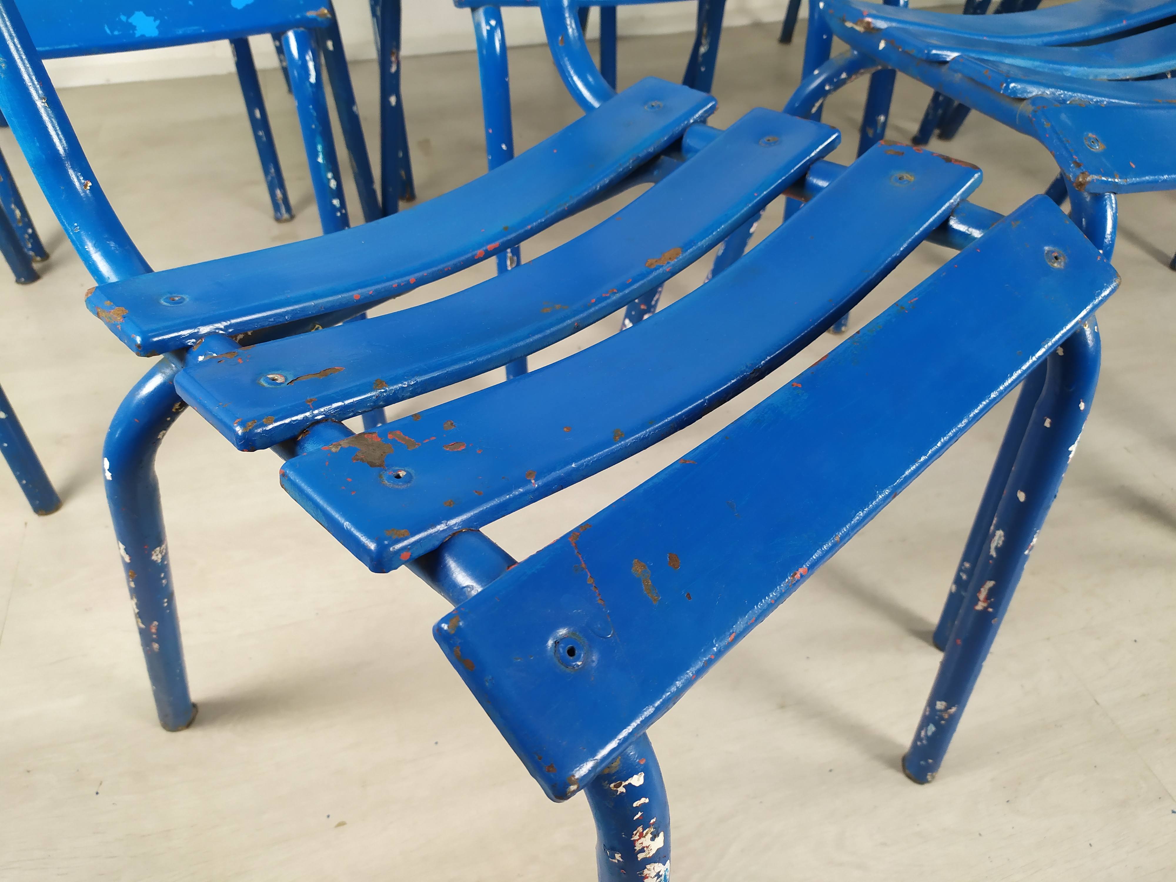 14 blue metal bistro chairs