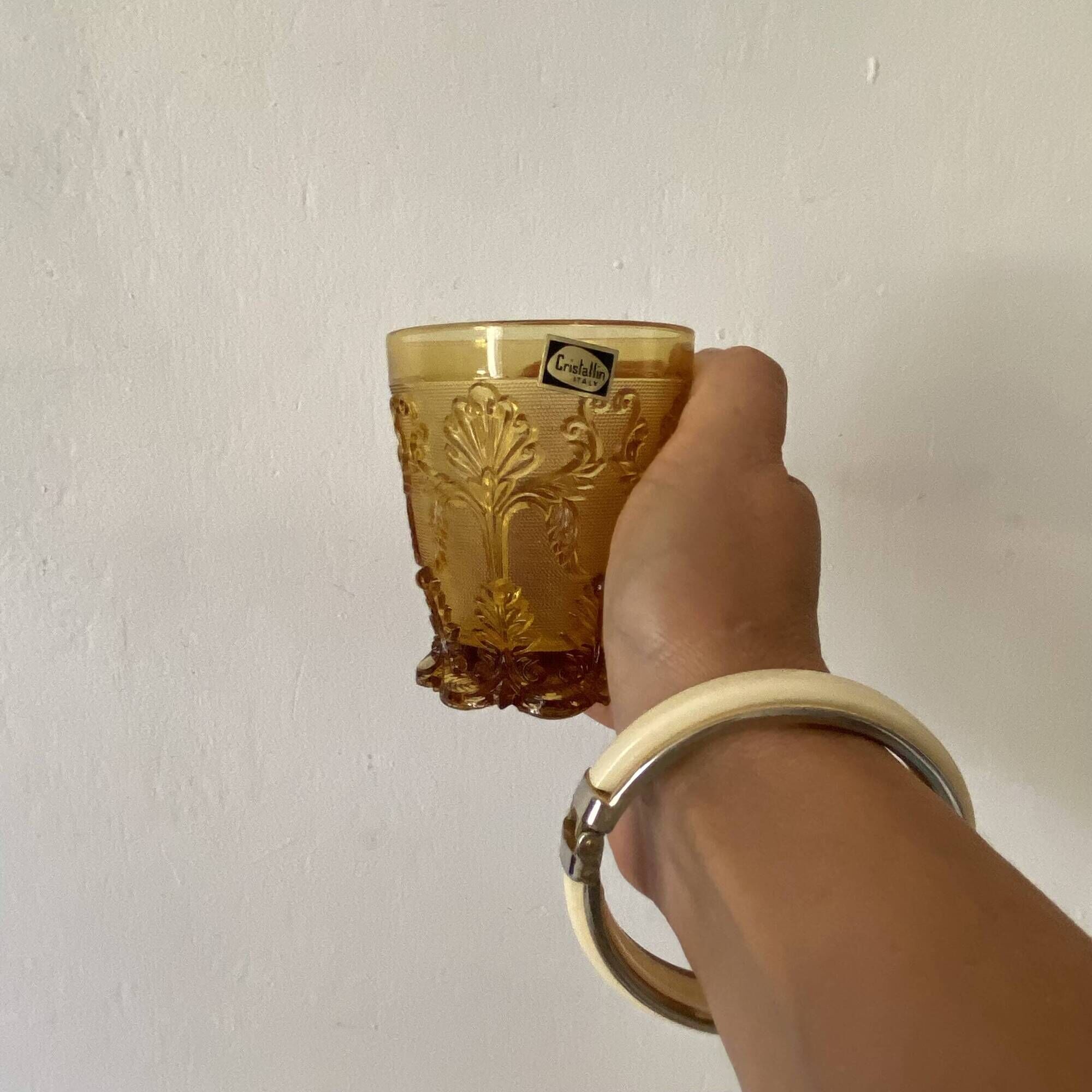 Glasses and ice bucket baroque style amber glass Italy 70s