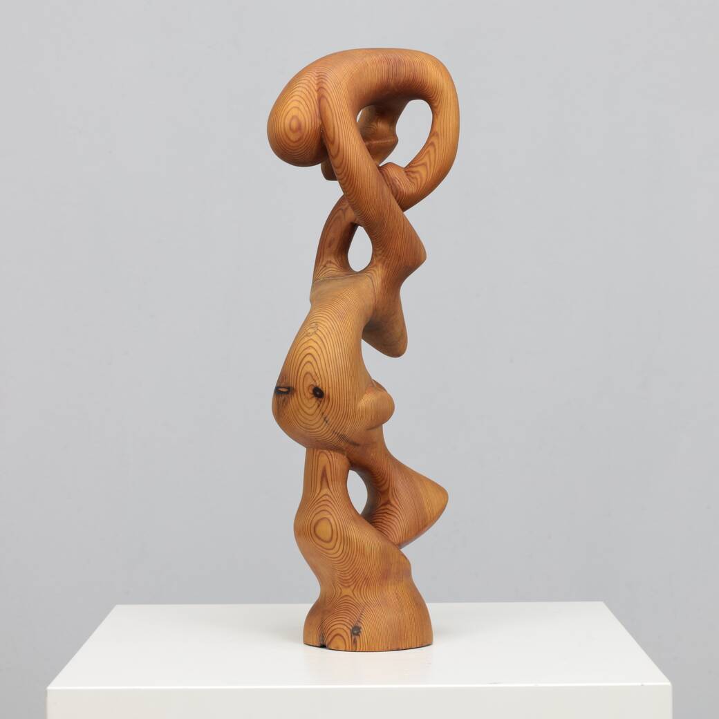 Hand-carved organic sculpture in solid pinewood, 1977