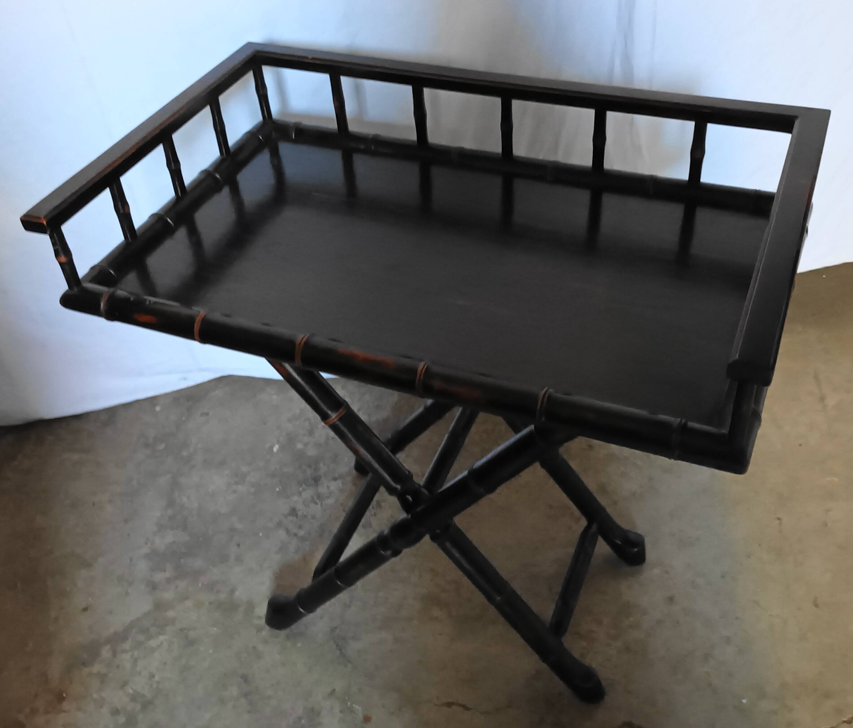 Foldable desk table in blackened wood and carved bamboo style, 1950s