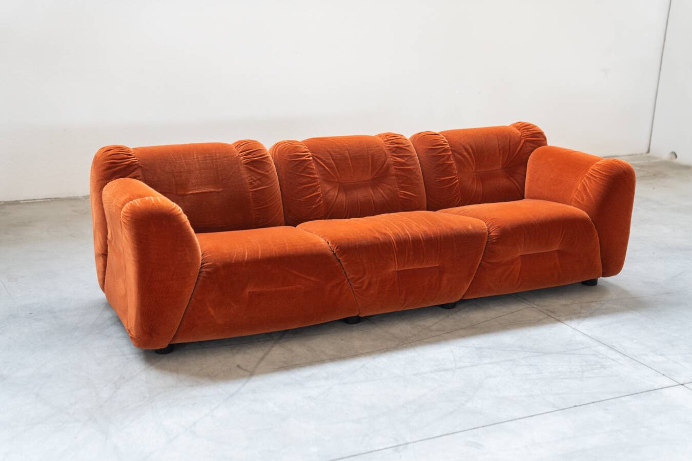 Orange chenille sofas, two and three seats, set of 2, 1970s