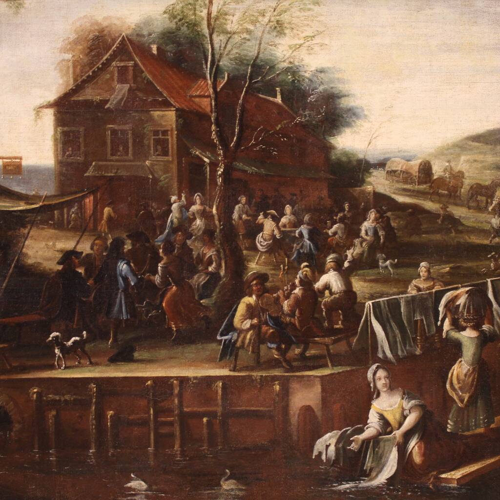 Grand tableau de paysage flamand du XVIIe siècle, fête de village