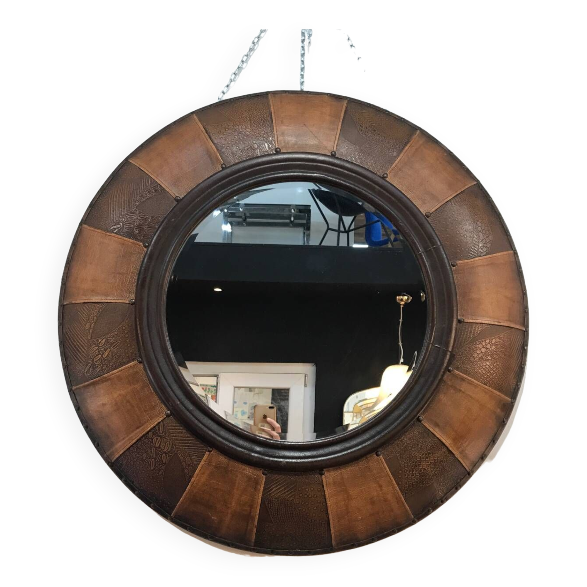 Large round leather mirror