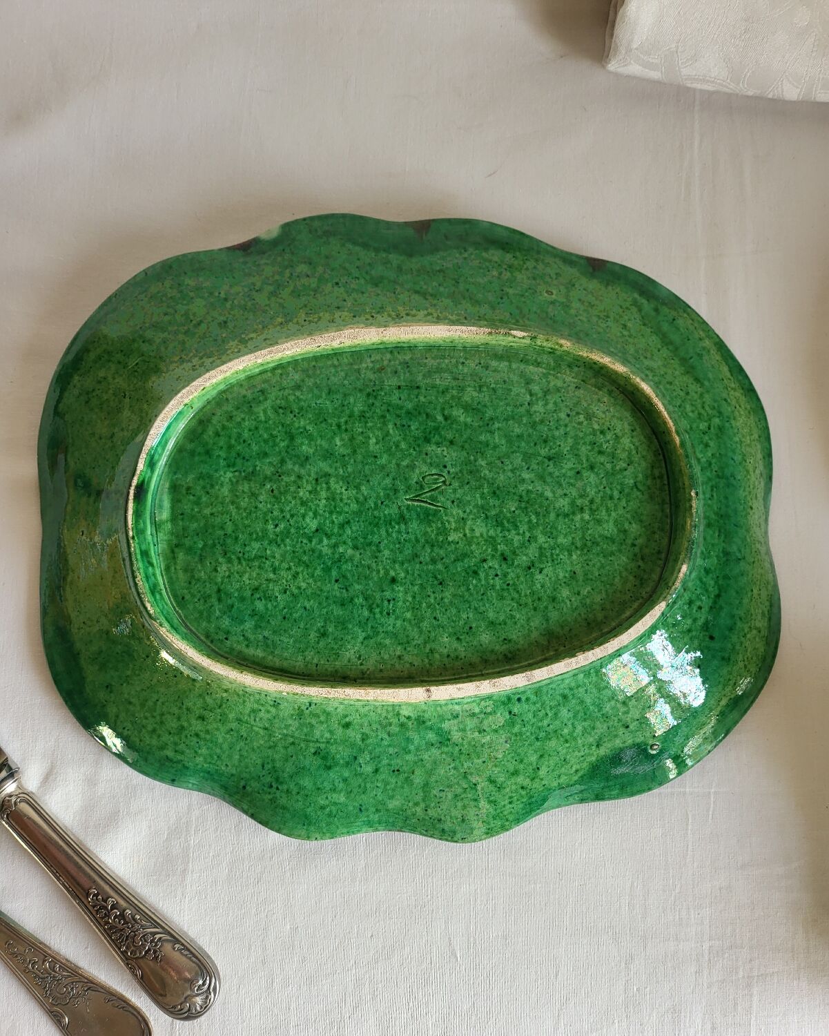 Dish and Asparagus Drainer in Green Barbotine Earthenware