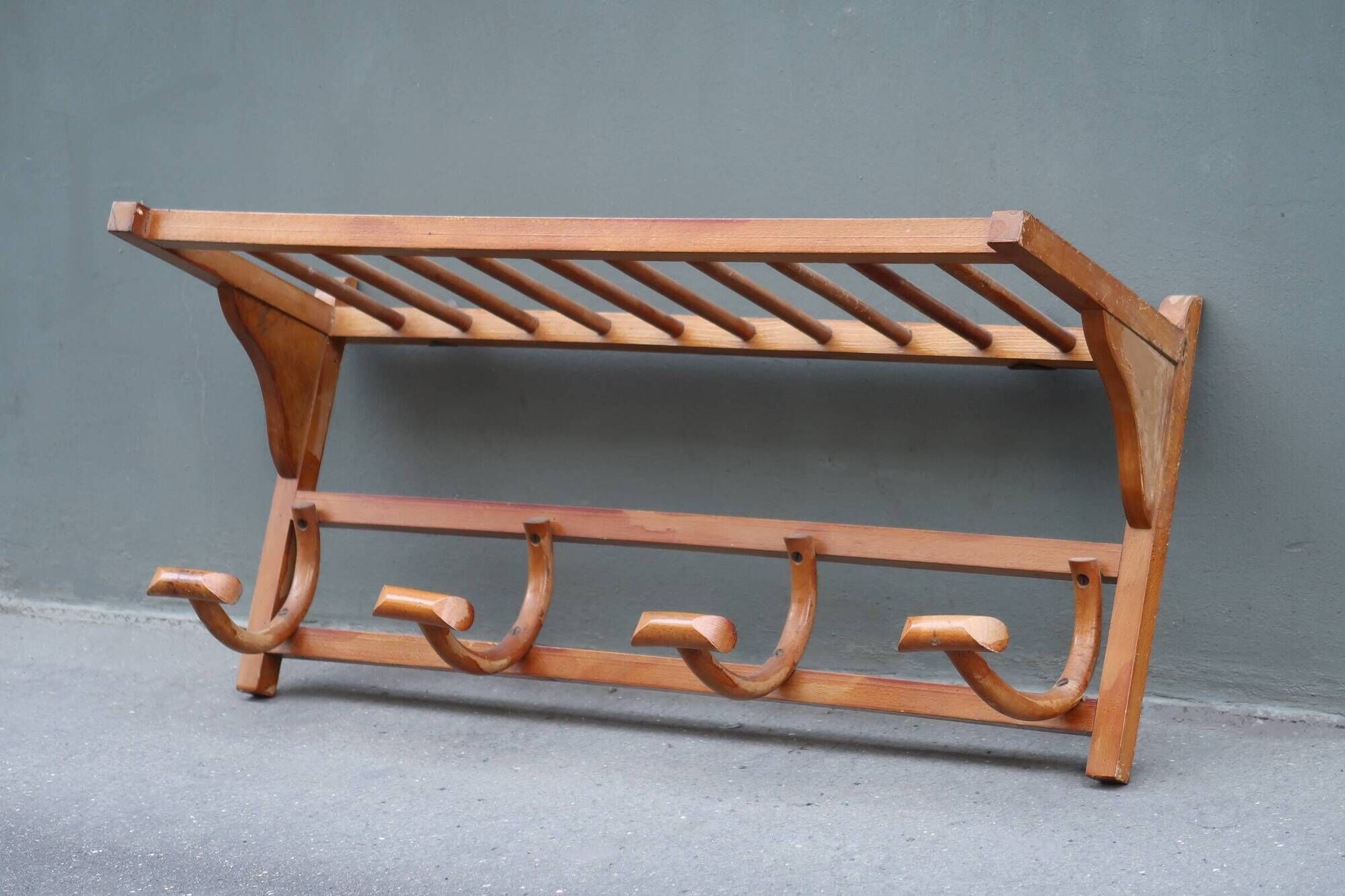 1950s wooden wall coat rack