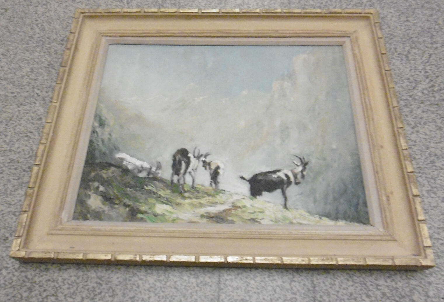 Oil painting signed mountain landscape herd of goats