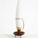 Large 1950s table lamp made of brass and teak, with a frosted glass shade