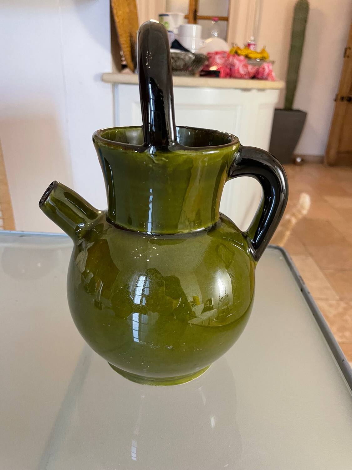 Pitcher in Provence khaki varnished clay signature Camares