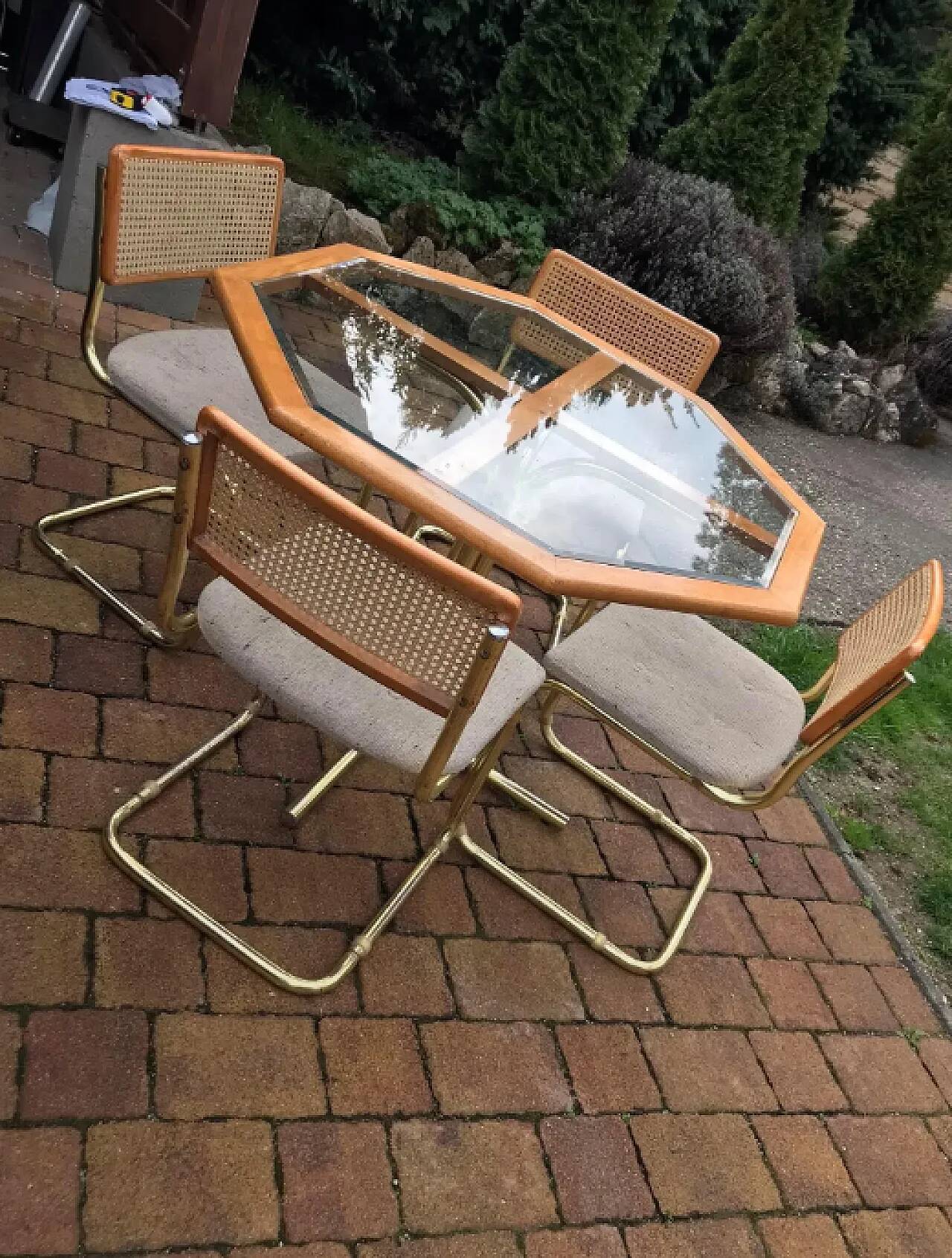 Octagonal brass and glass dining table with 4 chairs, 1960s