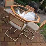 Octagonal brass and glass dining table with 4 chairs, 1960s