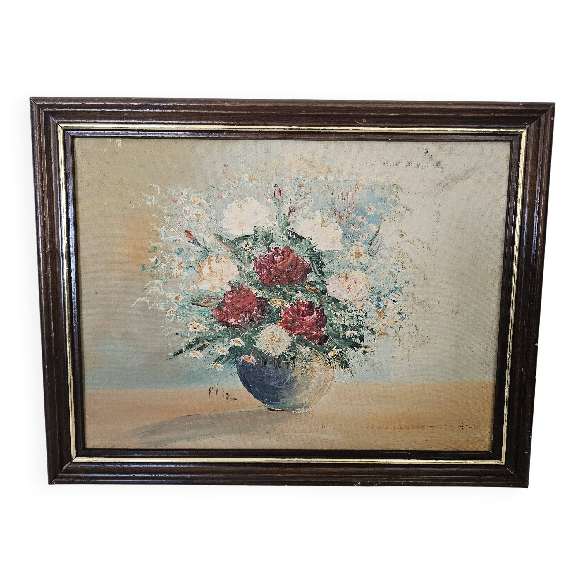 Oil painting on canvas, Bouquets of roses and tulips, signed Hire