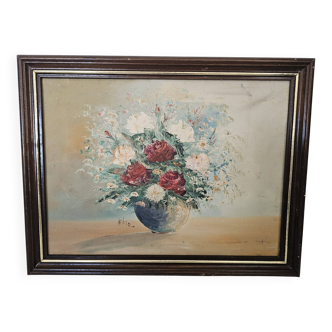 Oil painting on canvas, Bouquets of roses and tulips, signed Hire