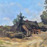 Paysage alpin avec village de montagne, Début du XXe siècle, Huile sur carton, Encadré