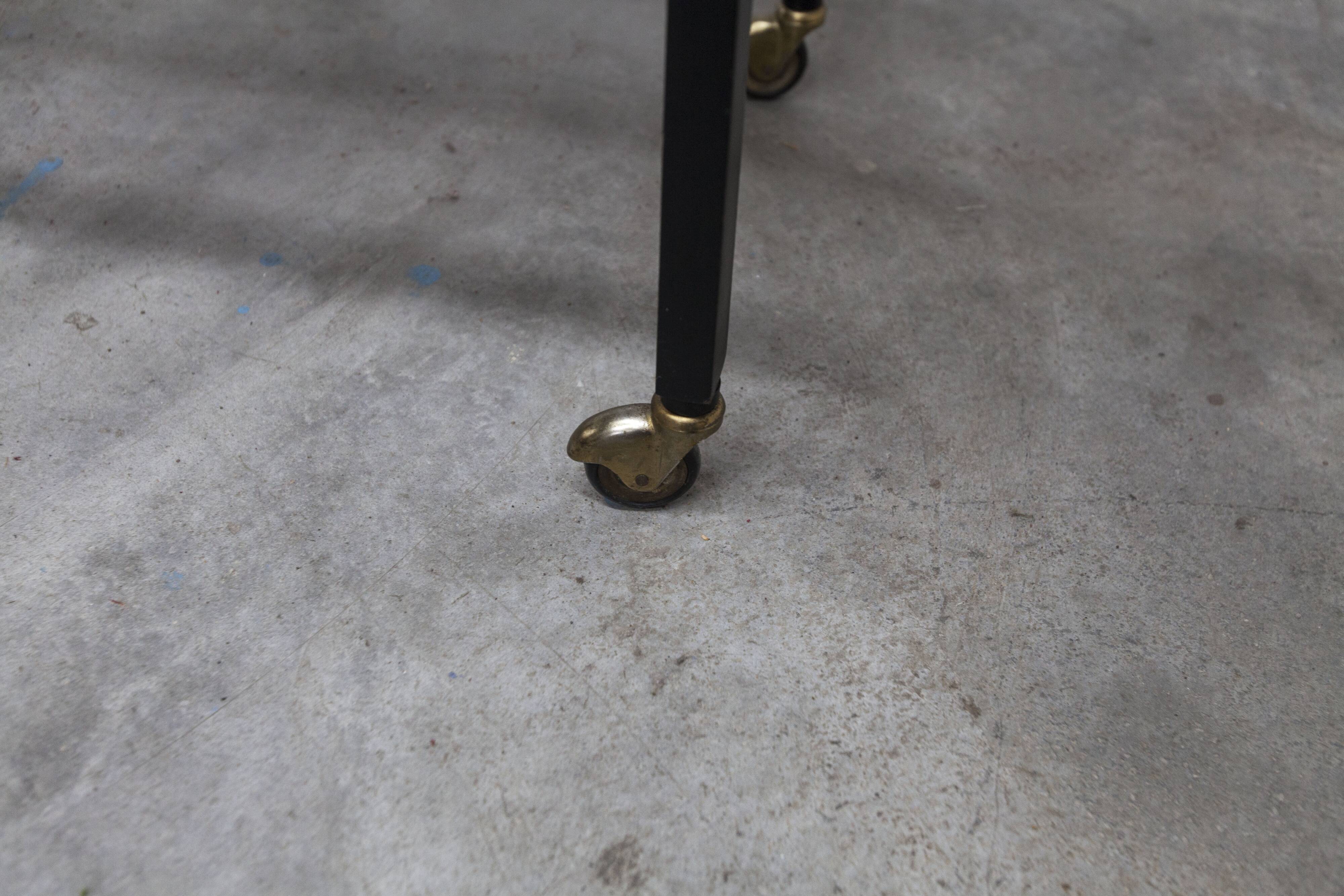 1960s serving cart, hi-fi cabinet on casters, teak, black metal, glass