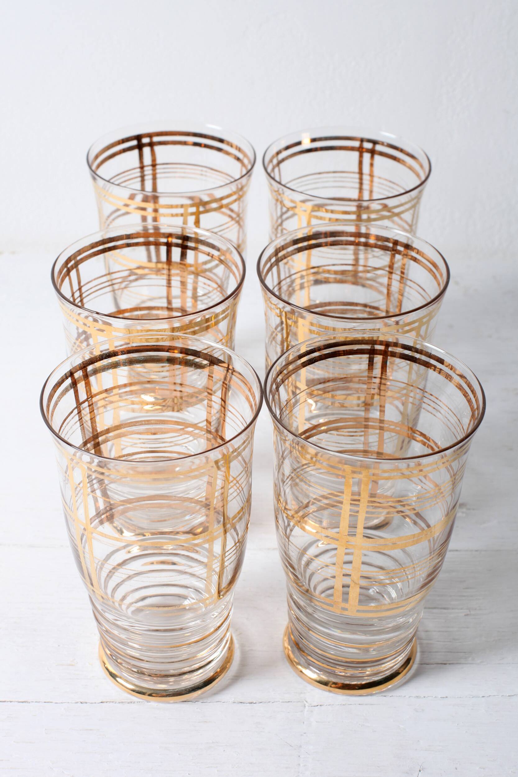 Mid-Century Italian Glass Pitcher & Six Glasses with Golden Details / Italy