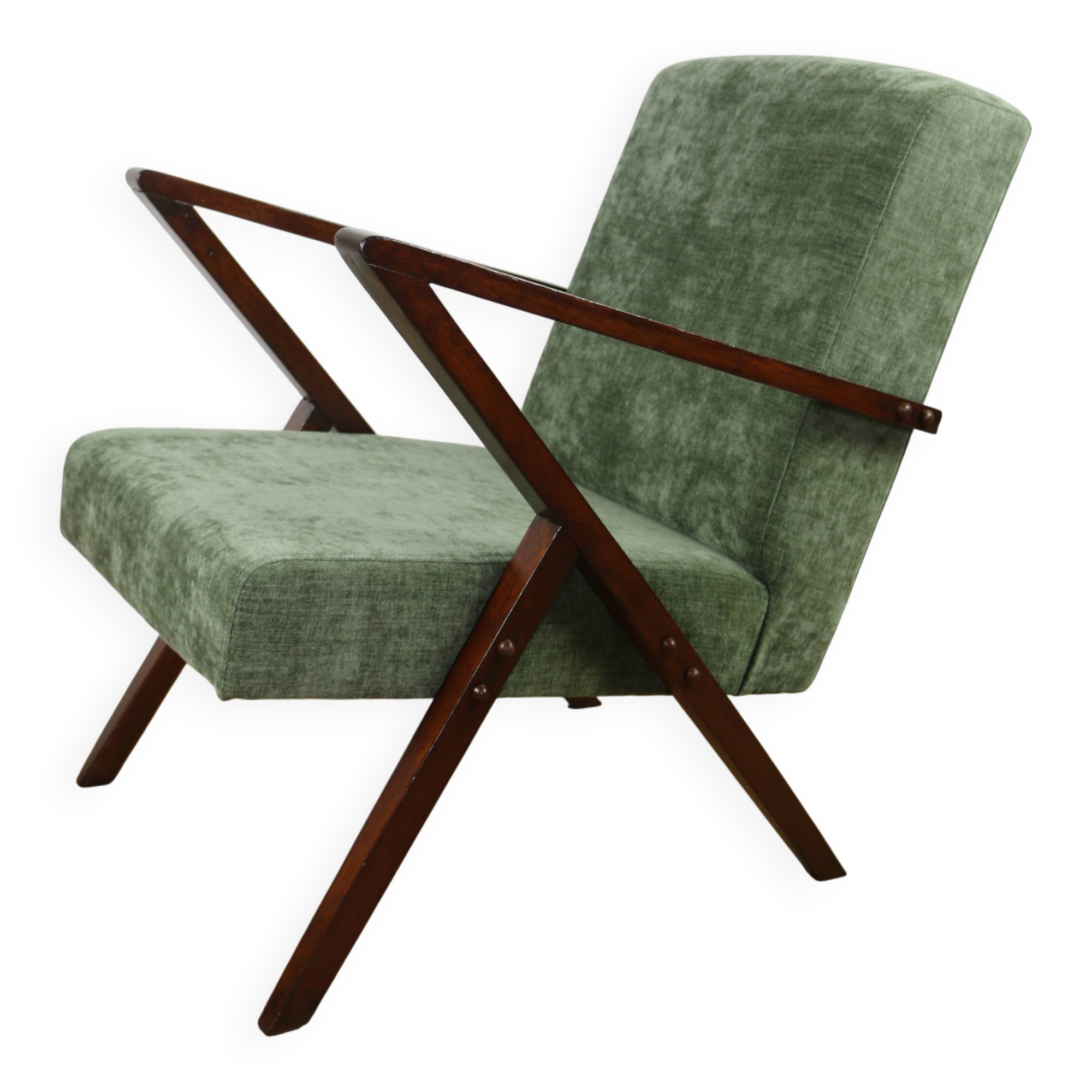 Fauteuil vintage en velours olive, rénové
